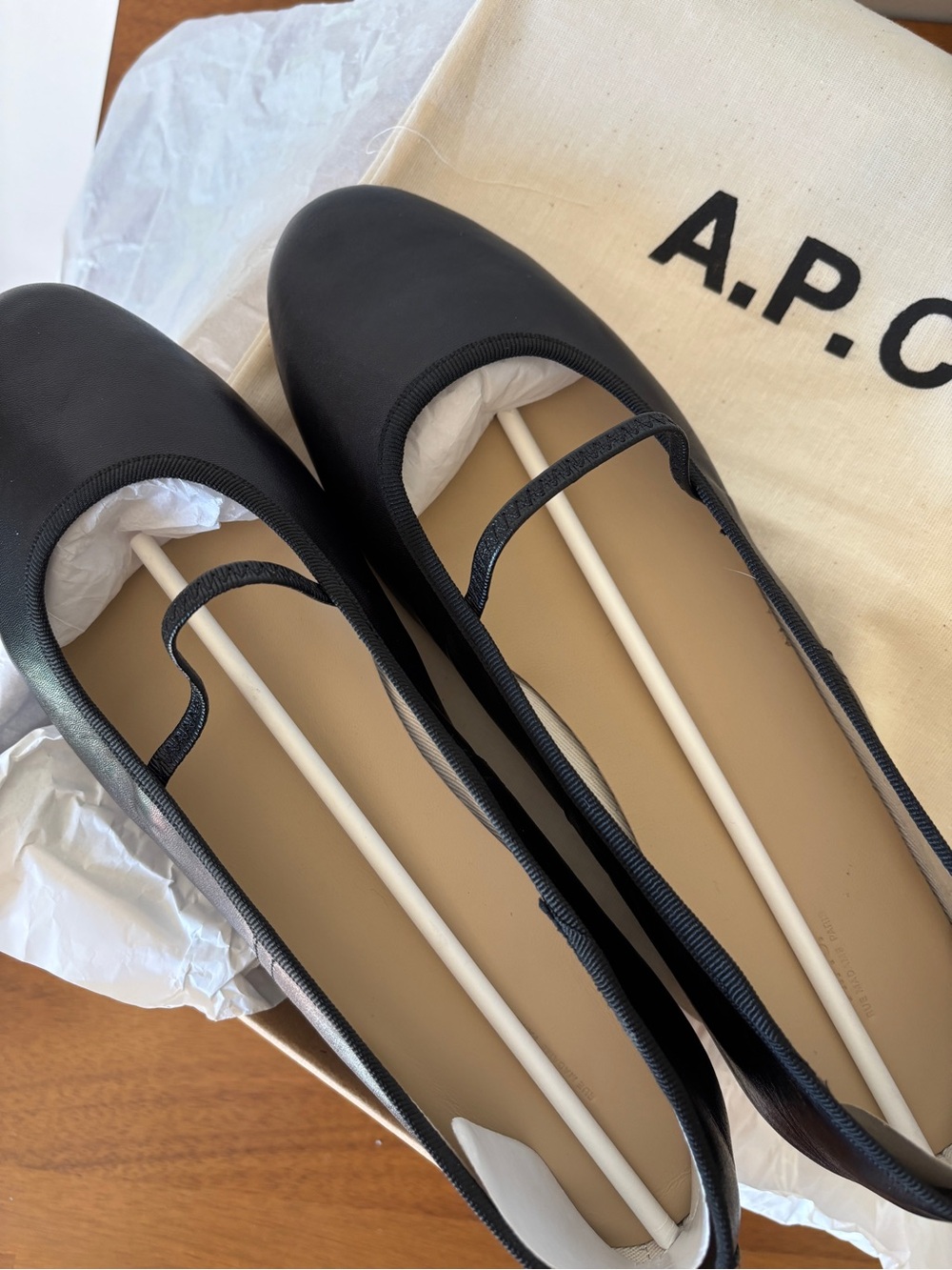 A.P.C. Black Leather Mary Jane Swan Ballet Flats